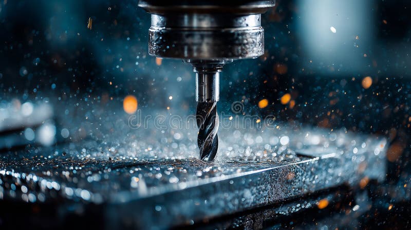 CNC milling machine drilling metal with precision cutting tool stock image