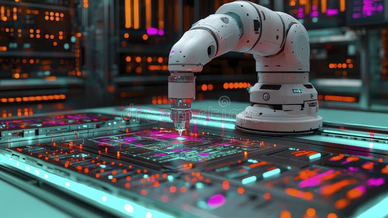 CNC robotic arm engaged in intricate circuit work vector illustration