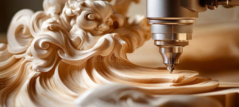 CNC Router Precision Carving Intricate Wood Relief, Detail Of Spindle And 3D Pattern royalty free illustration
