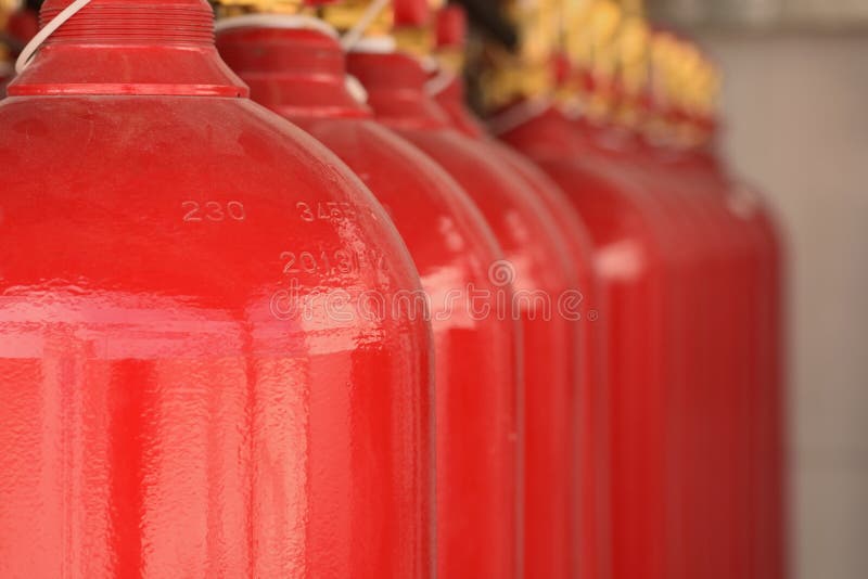CO2 fire extinguishers in a petrochemical plant. stock images