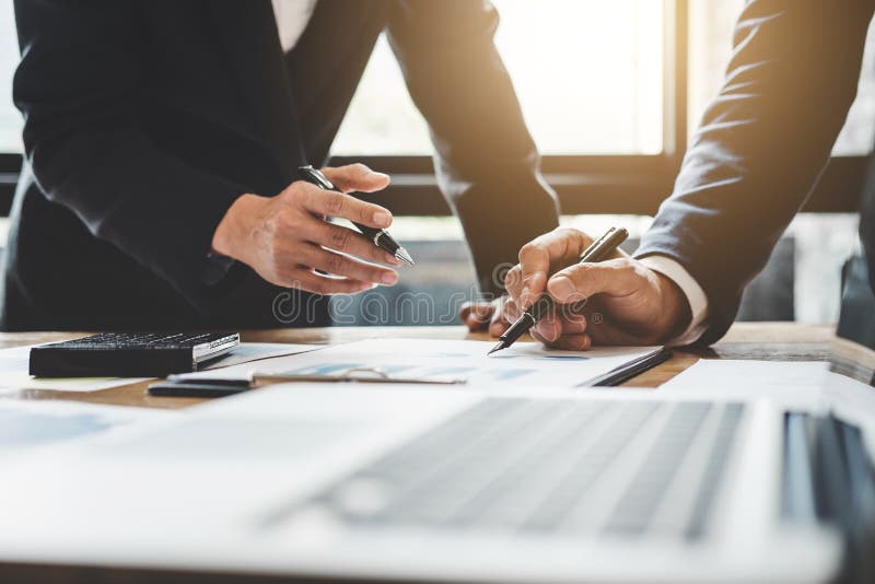 Co working conference, Business team colleagues discussing working analysis with financial data and marketing growth report graph stock photos