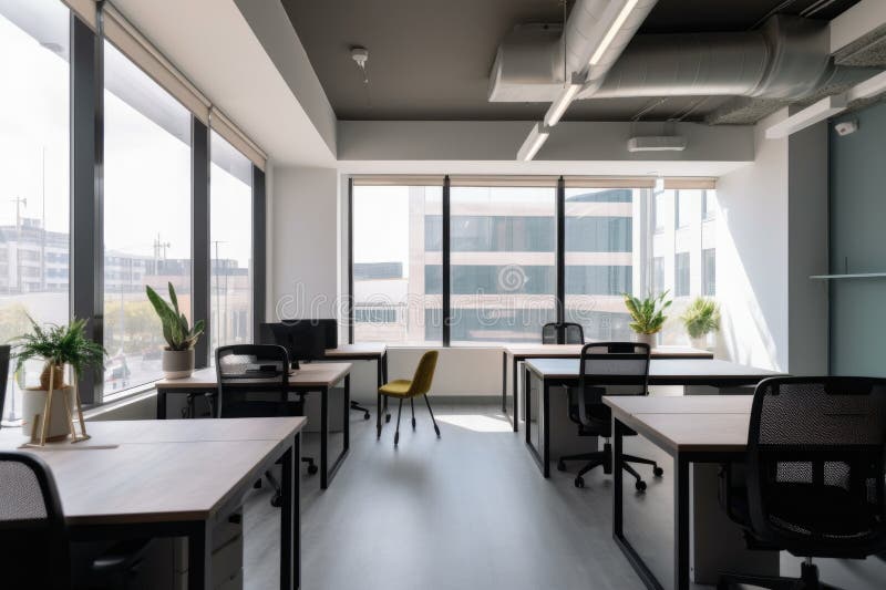 Co-working space, with large windows and natural light, for professionals who want to work in a communal environment stock illustration