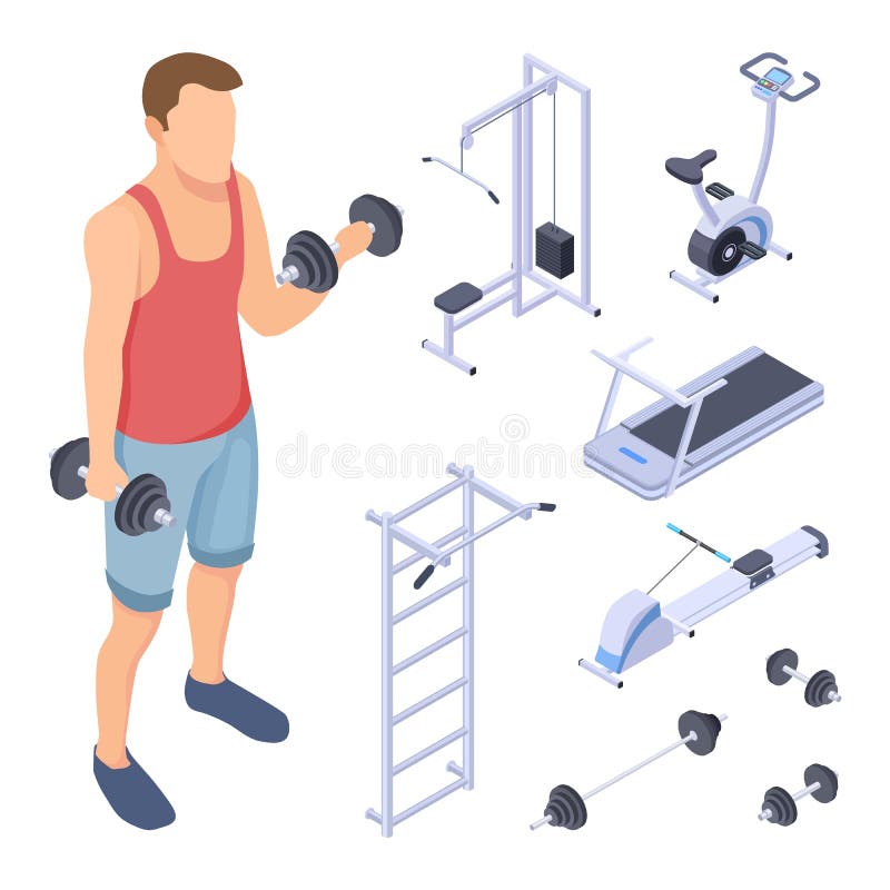 Coach and fitness equipment. Isometric gym elements. Vector sports man training