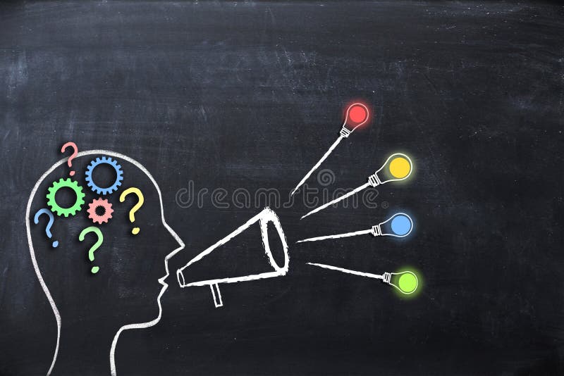 Coaching concept â€“ knowledge and ideas sharing with human head shape and megaphone or bullhorn on blackboard