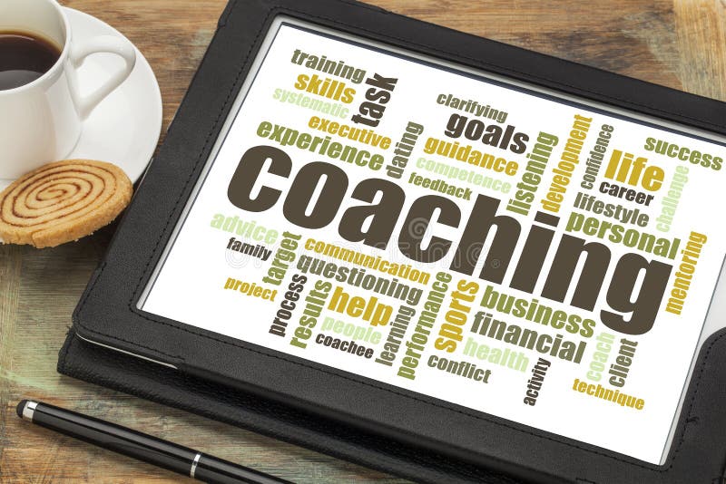 Coaching word cloud. Coaching concept - a related word cloud on a digital tablet with cup of coffee royalty free stock photography
