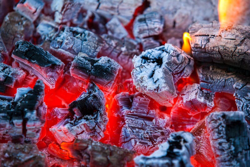 Burning and Glowing Charcoal with Hot Flame in the Background Stock