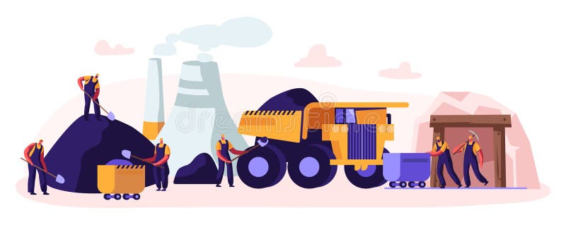 Coal Mining. Miner Characters Working on Quarry with Tools, Transport and Technique. Extraction Industry. Work Equipment vector illustration
