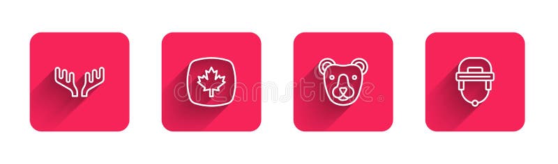 Coarne de cerb canadiene pentru frunze de arțar și căști de hochei cu umbre lungi. buton pătrat roșu. vector royalty free illustration