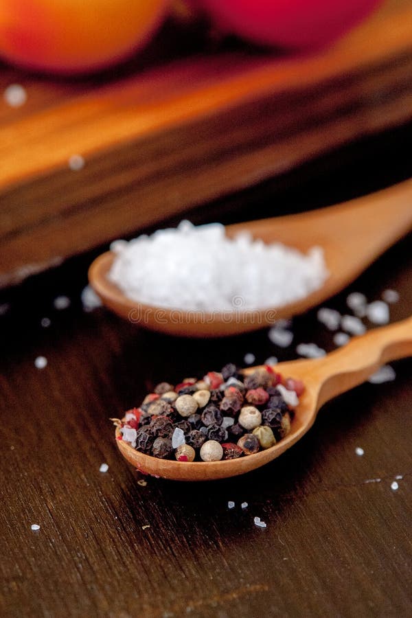 Coarse Salt and Pepper in a Wooden Spoon. Stock Image Image of detail