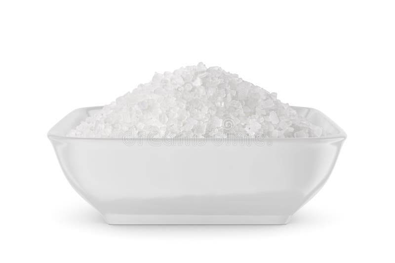 Coarse Sea Salt in Black Bowl Isolated on White. Front View Stock Photo
