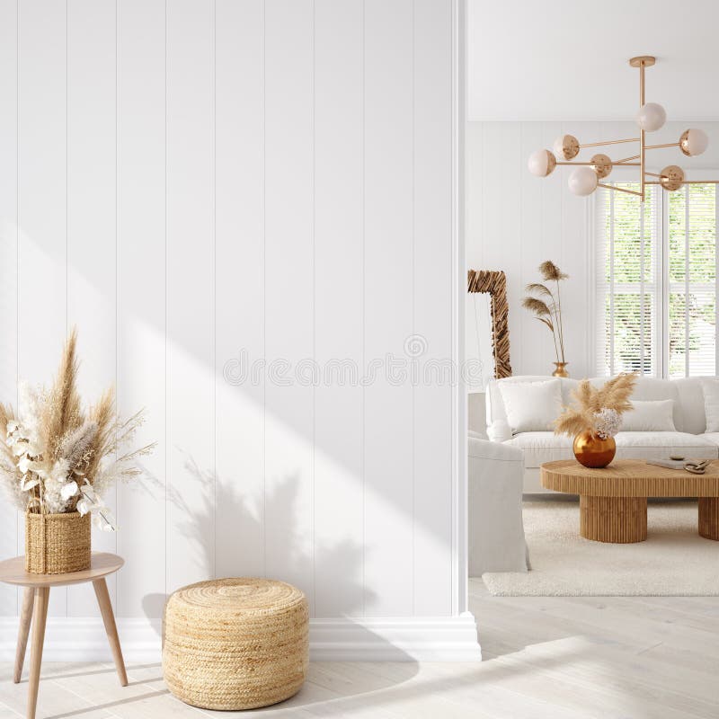 Coastal boho living room interior background, wall mockup, 3d render