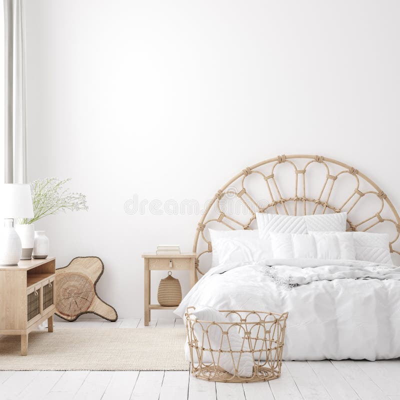 Coastal boho style bedroom interior, wall mockup