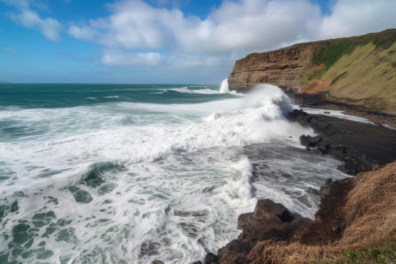 Coastal Cliff View with Crashing Waves and Foam on the Shore Stock