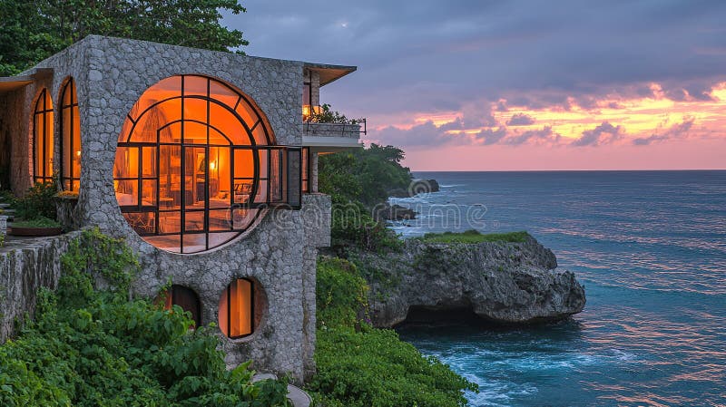 Coastal Cliffside Retreat at Sunset stock photos