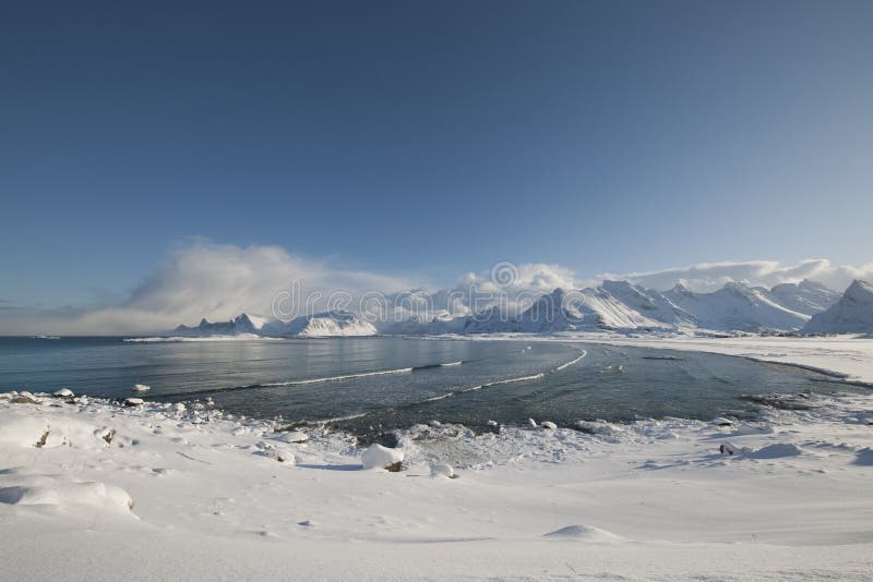 Coastal landscape of Moskensoy in the Loftofen archipelago Norway stock photography
