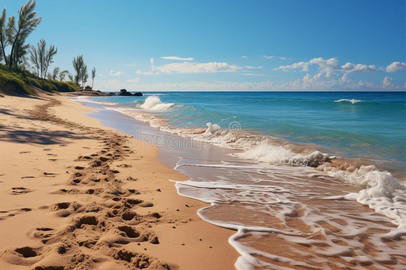 Coastal paths, footprints pattern sandy beach, witnesses to oceanside journeys taken Generative AI