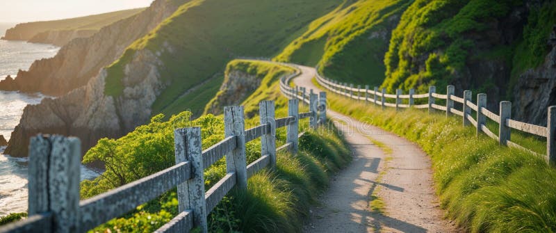 Coastal pathway along the cliffs with wooden fence and lush green landscape on a sunny day. Ai pathway stock images, royalty-free photos and pictures
