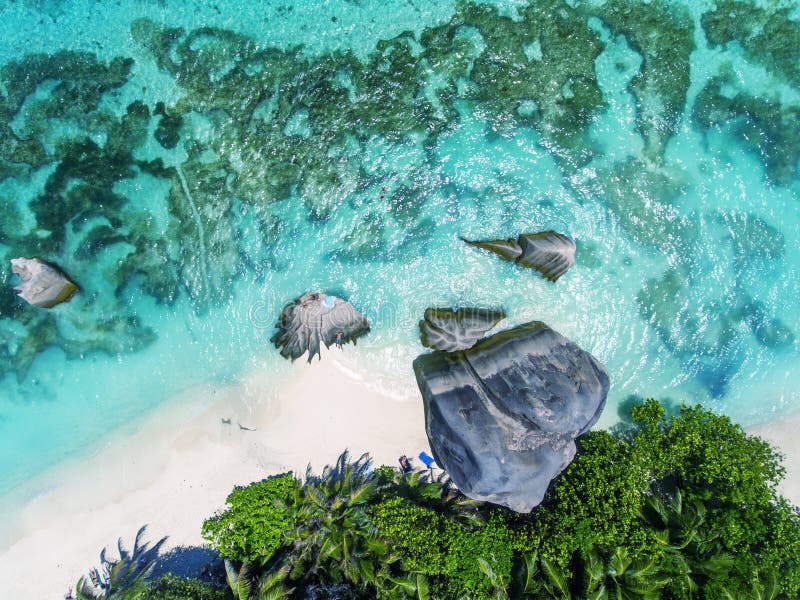 Coastline of La Digue Island, Seychelles aerial overhead view