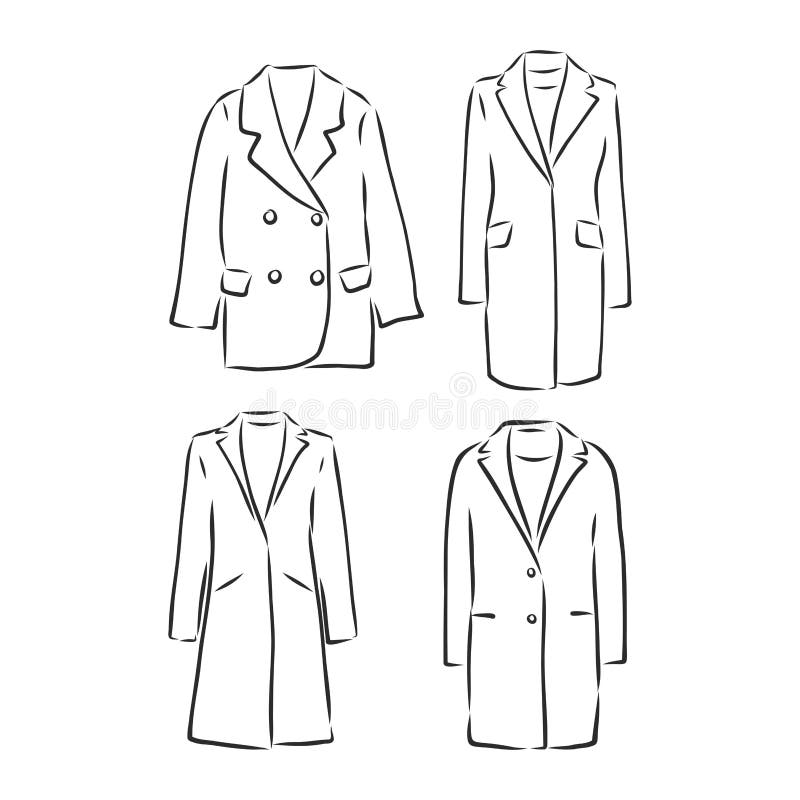 Coat Female with Long Sleeves and Pockets. Vector. Coat, Vector Sketch ...