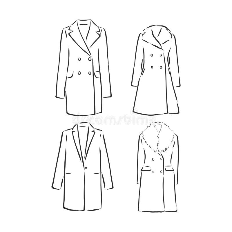 Coat Female with Long Sleeves and Pockets. Vector. Coat, Vector Sketch ...