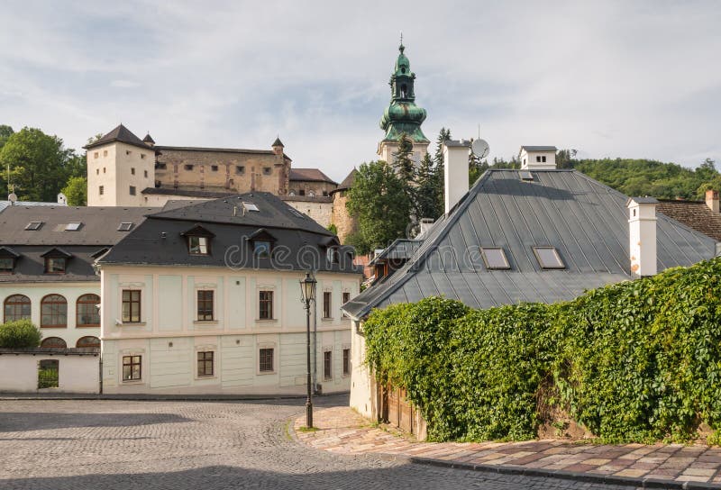 Cobbled street in Banska Stiavnica town, central Slovakia