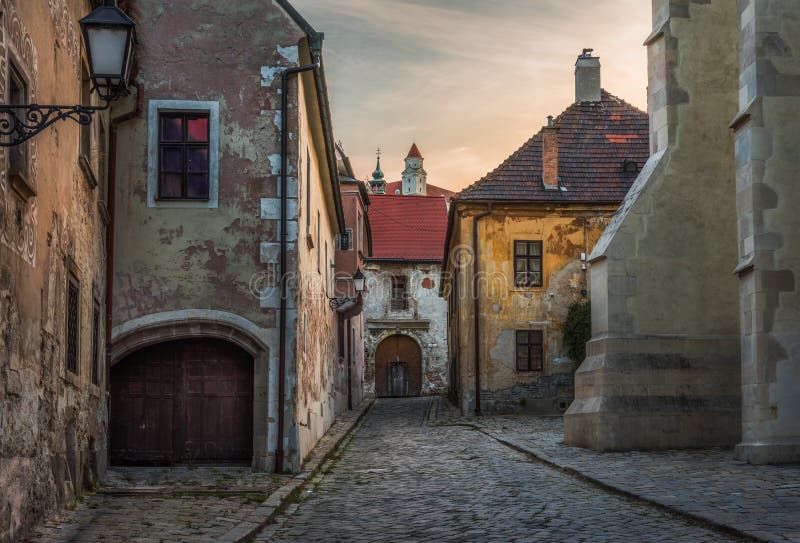 Cobbled Street with Historical Buildings in Old Town