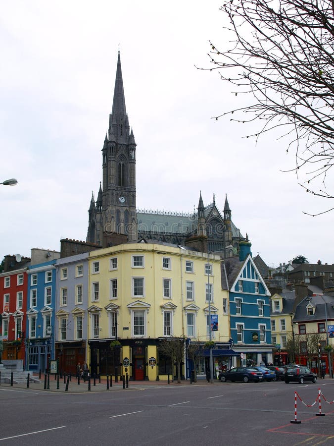 Colourful Cobh buildings and Cathedral Spire, Cobh, Ireland