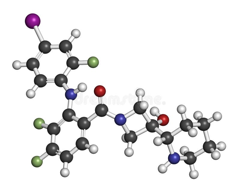 Cobimetinib Melanom-Drogenmolekül. Atome werden als Bereiche mit einer konventionellen farbliche Kennzeichnung vorgelegt : weißer vektor abbildung