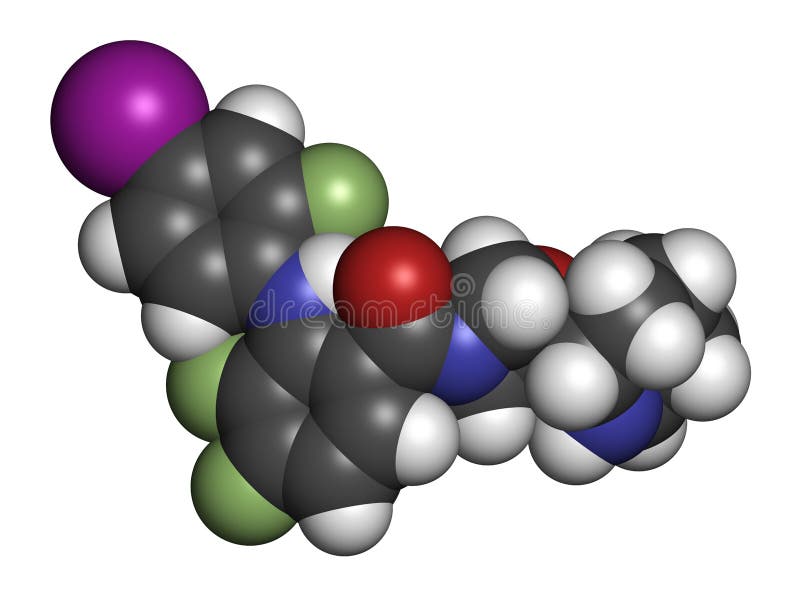 Cobimetinib Melanom-Drogenmolekül. Atome werden als Bereiche mit einer konventionellen farbliche Kennzeichnung vorgelegt : weißer lizenzfreie abbildung