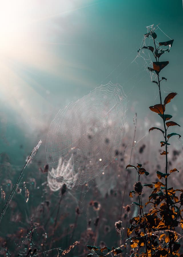 Closeup of cobwebs on dry grass foggy autumn morning. web and dew on a background of dry grass. Foggy morning. Wild nature. Closeup of cobwebs on dry grass foggy autumn morning. web and dew on a background of dry grass. Foggy morning. Wild nature.