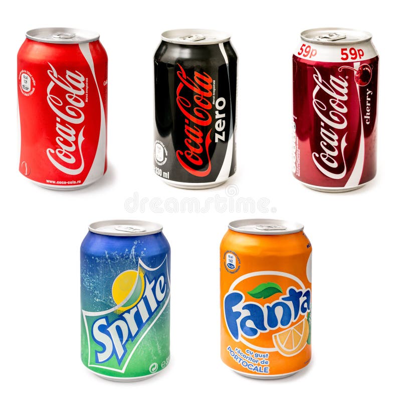 Cans of Coca-Cola, Sprite and Fanta, beverages produced by the