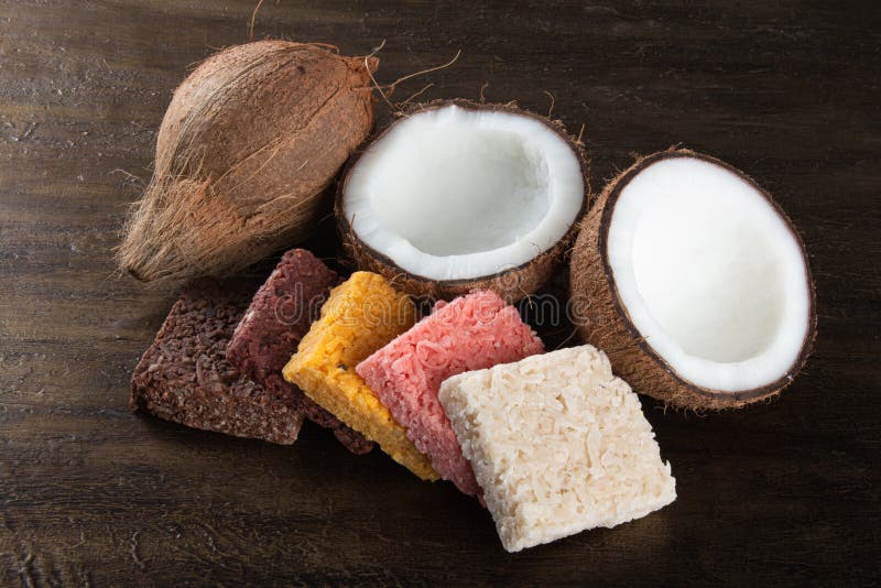 Cocada Coconut Candy, Sweet Brazilian in Rustic Wood Background Stock