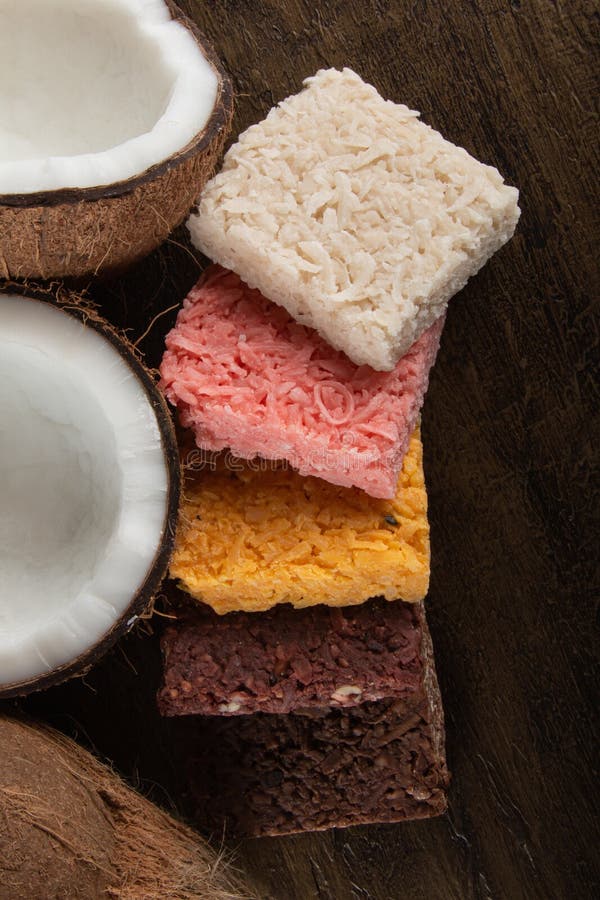 Cocada Coconut Candy, Sweet Brazilian in Rustic Wood Background Stock