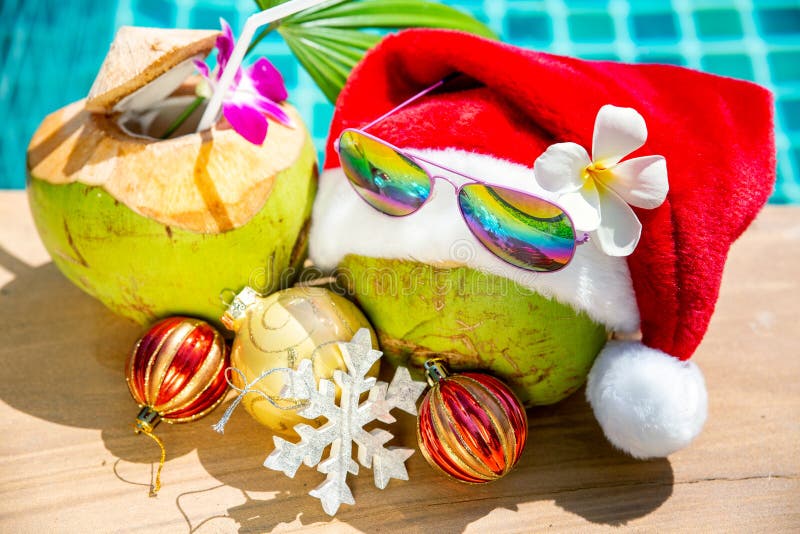 Cocco di cocco in cappello natalizio con decorazione festiva sul lato della piscina - concetto tropicale per vacanze immagini stock libere da diritti Cocco di cocco in cappello natalizio con decorazione festiva sul lato della piscina - concetto tropicale per vacanze immagini stock libere da diritti