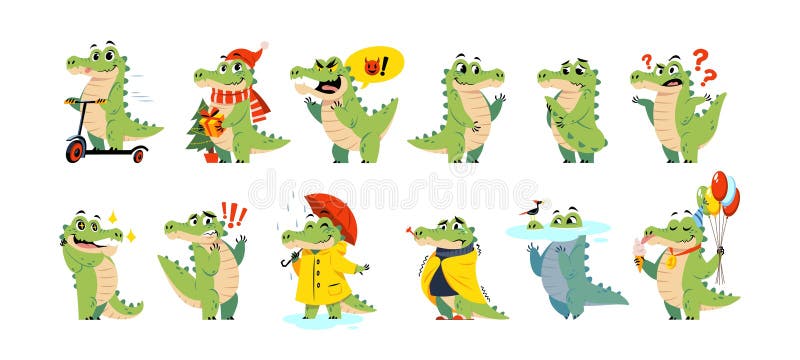 Coccodrillo. Carino personaggio animale cartone rettile mascotte verde alligatore con diverse azioni pose ed emozioni illustrazione vettoriale