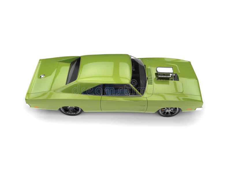 Coche americano del músculo del vintage verde claro con el bloque de motor enorme - remate abajo de vista lateral libre illustration Coche americano del músculo del vintage verde claro con el bloque de motor enorme - remate abajo de vista lateral libre illustration