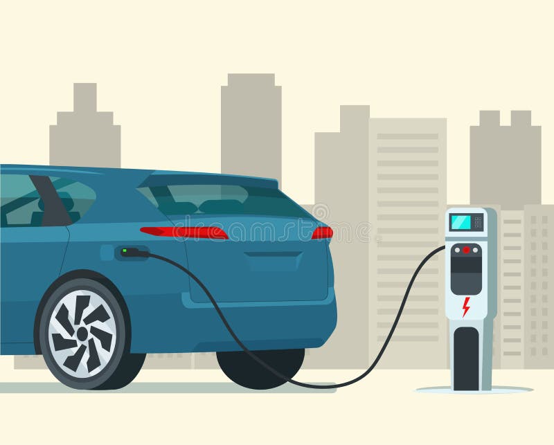 Coche CUV eléctrico moderno en una ciudad abstracta Coche mostrado en tamaño medio El auto eléctrico está cargando Ilustración de