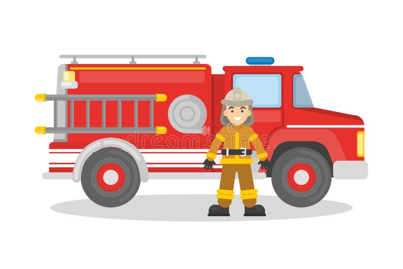 Coche de bomberos con el bombero ilustración del vector Coche de bomberos con el bombero ilustración del vector