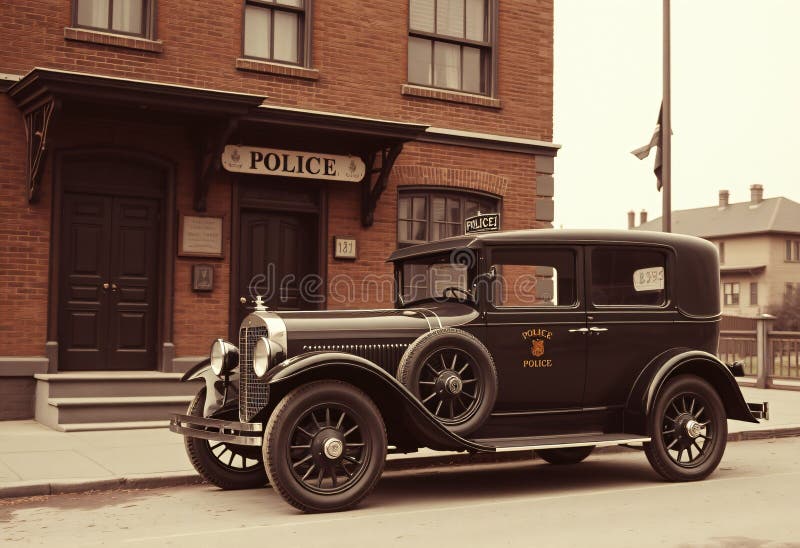 Coche de policía vintage fuera de la estación histórica libre illustration