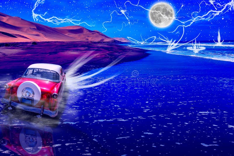 Coche del vintage en el camino arenoso por noche imágenes de archivo libres de regalías Coche del vintage en el camino arenoso por noche imágenes de archivo libres de regalías