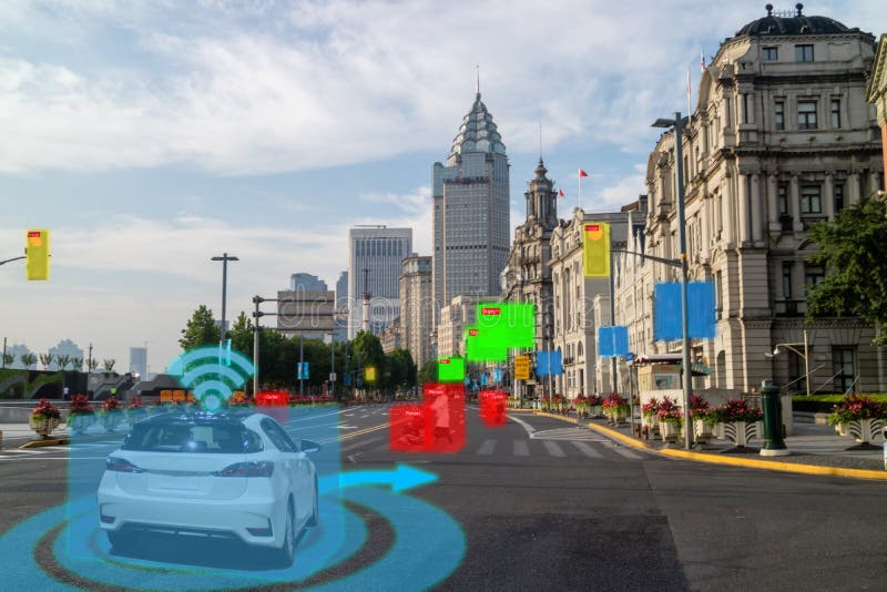 Coche Driverless automotriz elegante de Iot con la cosechadora de la inteligencia artificial con tecnología de enseñanza profunda fotografía de archivo