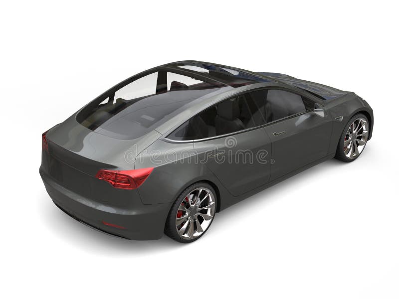 Coche eléctrico gris metálico moderno con el tejado de cristal grande - visión trasera libre illustration Coche eléctrico gris metálico moderno con el tejado de cristal grande - visión trasera libre illustration