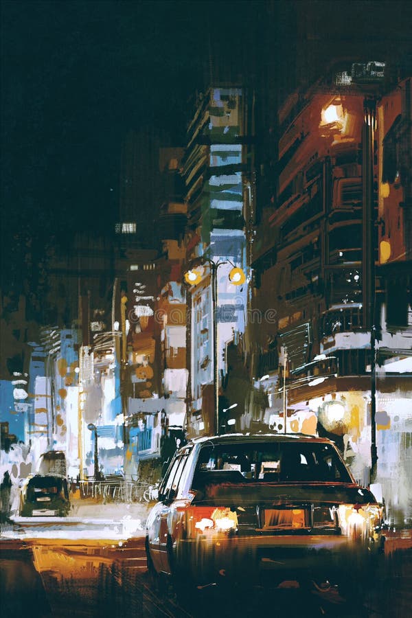 Coche en calle de la ciudad en la noche con las luces coloridas libre illustration