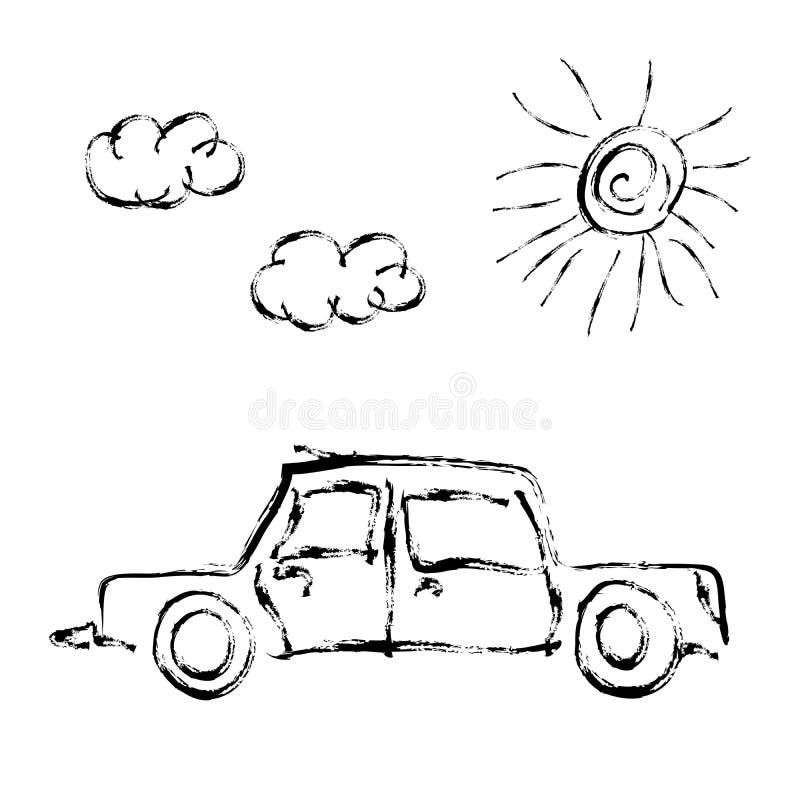 Coche exhausto de la mano del niño lindo con el sol y las nubes en blanco stock de ilustración Coche exhausto de la mano del niño lindo con el sol y las nubes en blanco stock de ilustración