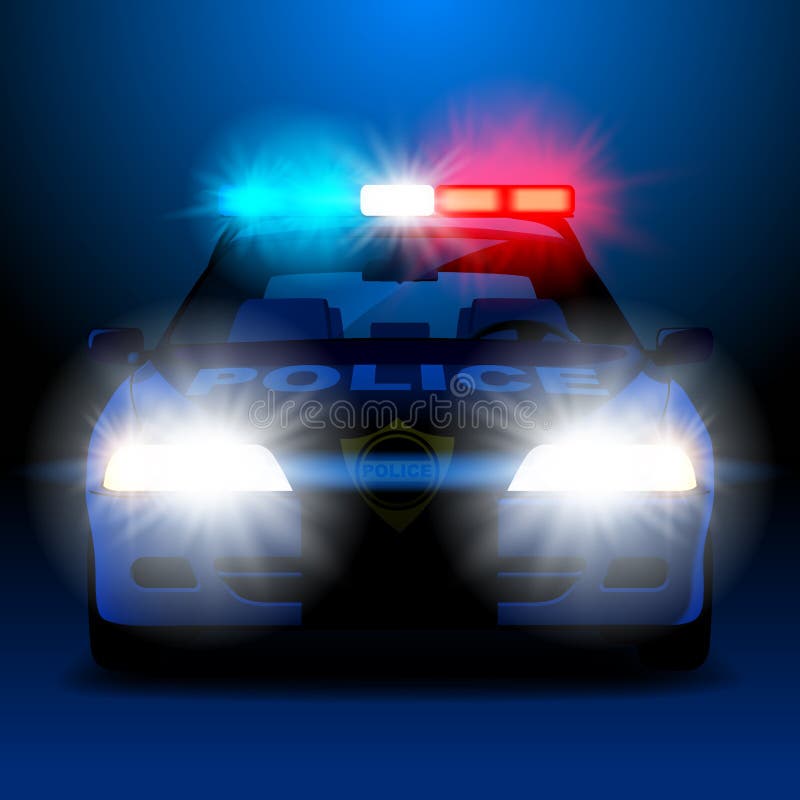Coche policía en noche con las luces en la visión frontal stock de ilustración