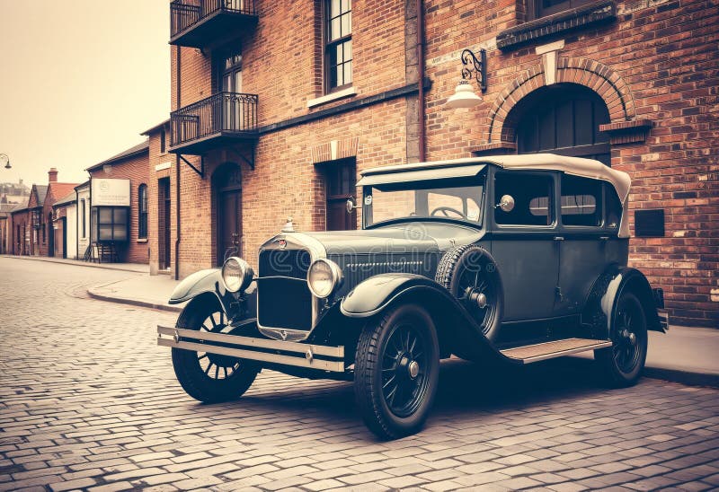 Coche vintage en la calle cobblestone fotografía de archivo
