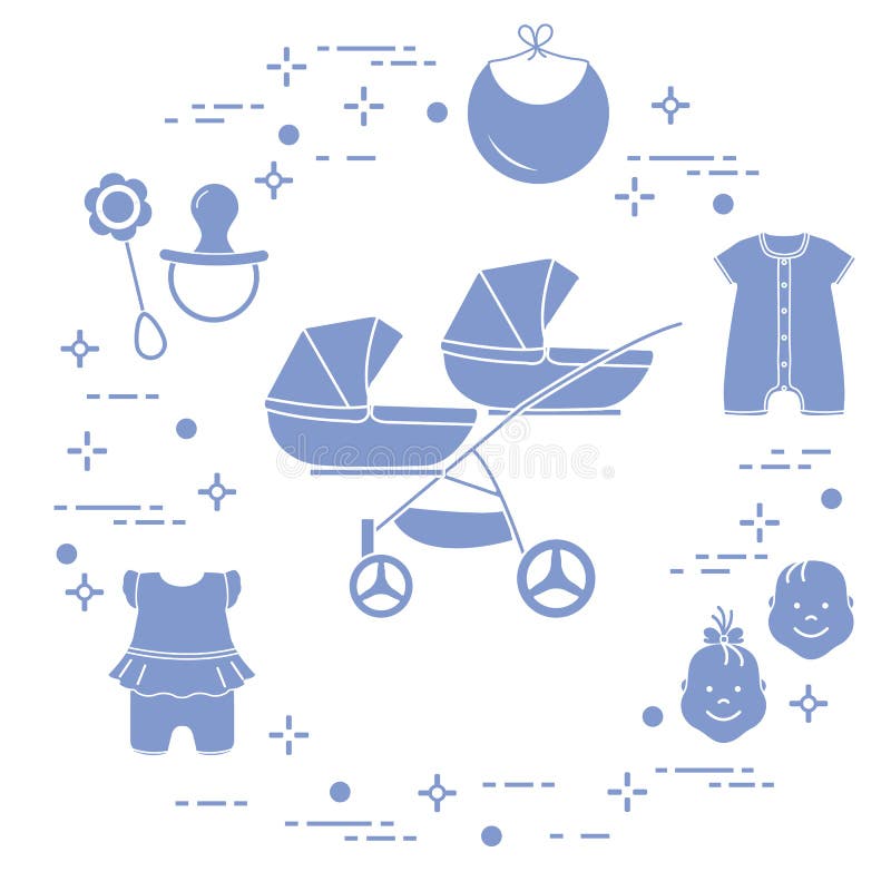 Goods for babies. Stroller for twins, faces boy, girl, rattle, pacifier, bib, overalls. Goods for babies. Stroller for twins, faces boy, girl, rattle, pacifier, bib, overalls.