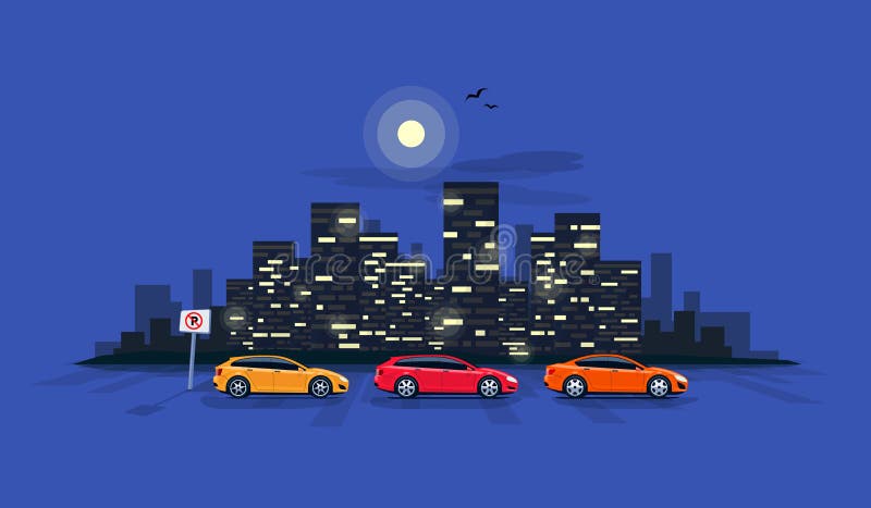 Urban vector illustration of night city skyscrapes skyline office building with modern cars parking along the town street in cartoon style. Vehicles parked wrong road with no parking sign. Urban vector illustration of night city skyscrapes skyline office building with modern cars parking along the town street in cartoon style. Vehicles parked wrong road with no parking sign.