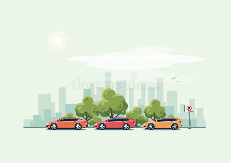 Vector illustration of modern cars parking along the city street with green trees in cartoon style. Hatchback, station wagon and sedan parked on wrong place with no parking sign. City skyscrapers skyline on green turquoise background. Vector illustration of modern cars parking along the city street with green trees in cartoon style. Hatchback, station wagon and sedan parked on wrong place with no parking sign. City skyscrapers skyline on green turquoise background.