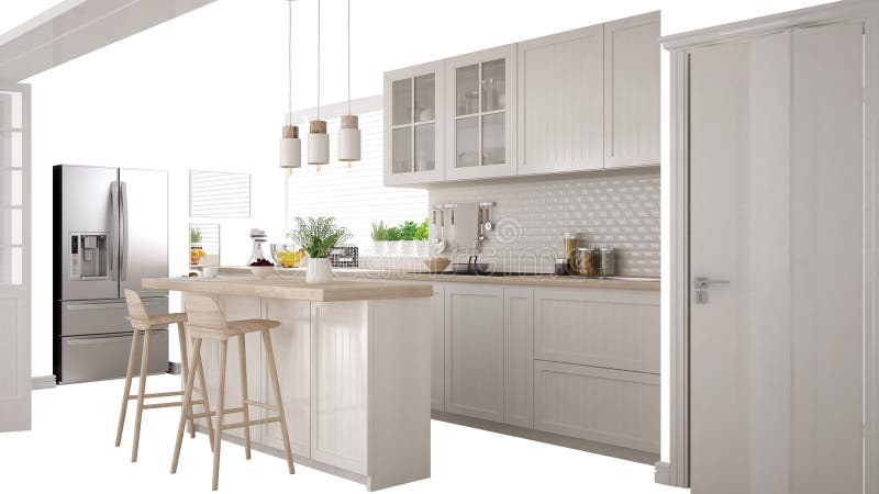 Cocina blanca escandinava con la isla y los accesorios, idea del concepto de diseño interior, aislada en el fondo blanco con el e stock de ilustración Cocina blanca escandinava con la isla y los accesorios, idea del concepto de diseño interior, aislada en el fondo blanco con el e stock de ilustración